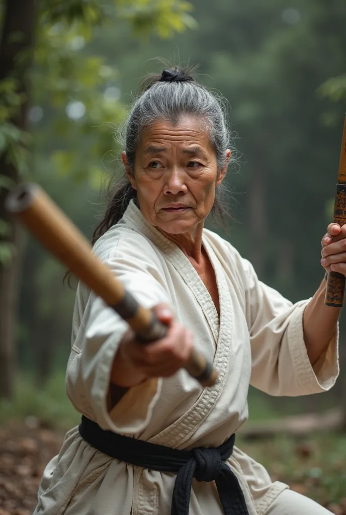 Older strong woman around 60 years old with muscular arms trains karate with nunchucks