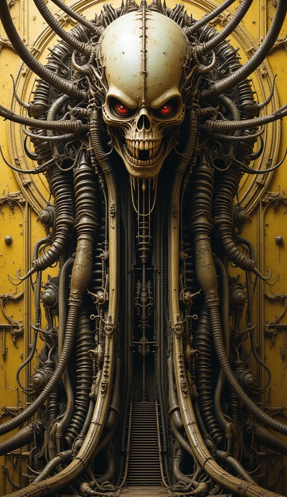 A first-class professional work of art, a stunning poster (in the style of Hieronymus Bosch in Hans Rudolf "Rudi" Giger!) depicting an endless tower with many alien, metal, old details, shabby yellow paint, hydraulics, corrugation, perforation. This detail...