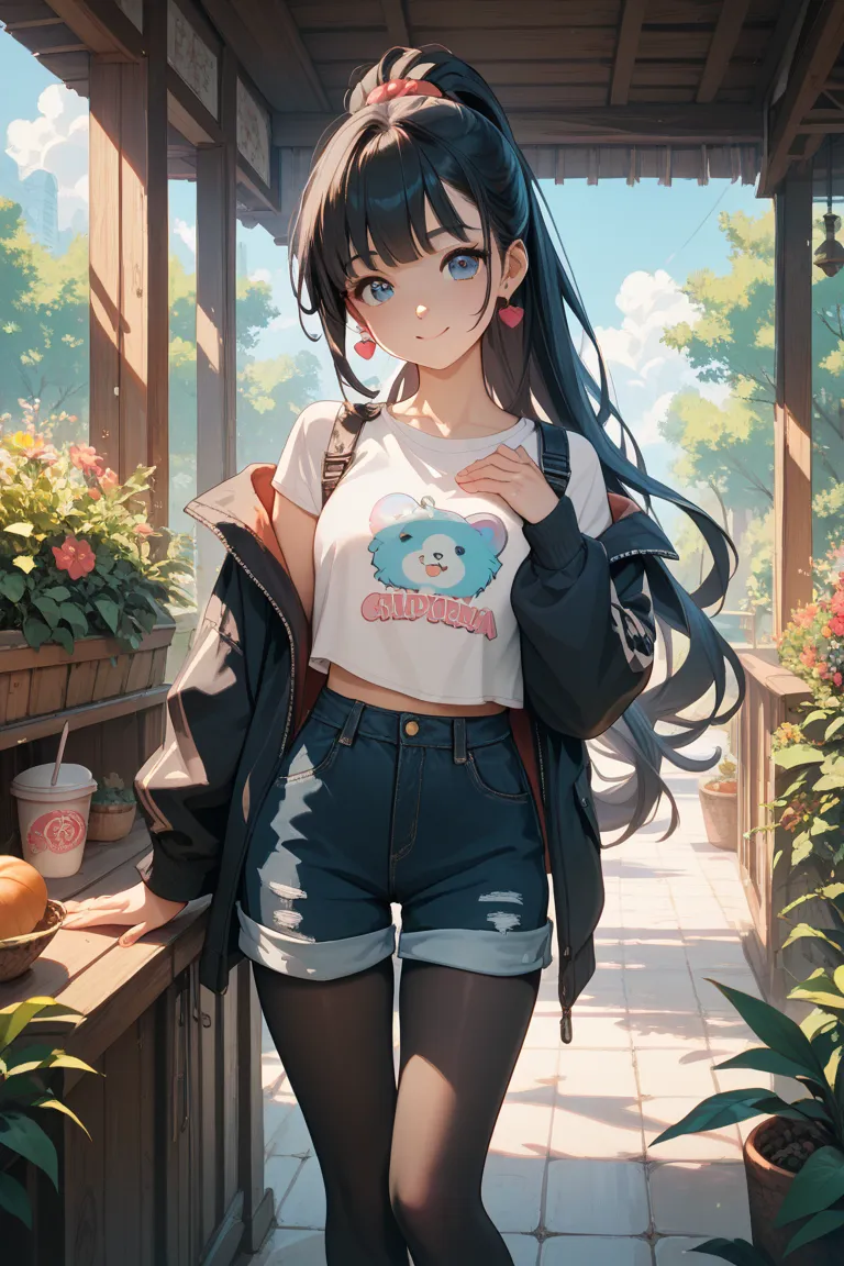 Older sister character, kind black hair, long straight ponytail, black tights, shorts, cute