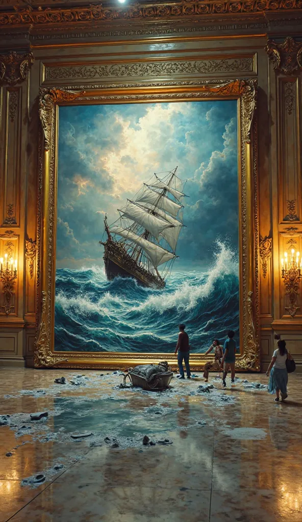 Surrealist mixed art
In a large and opulent museum room adorned with gold moldings, stunning chandeliers and classic paintings, reality is torn apart as an enormous seascape comes to life. From inside a luxurious golden frame, a raging storm, sending waves...