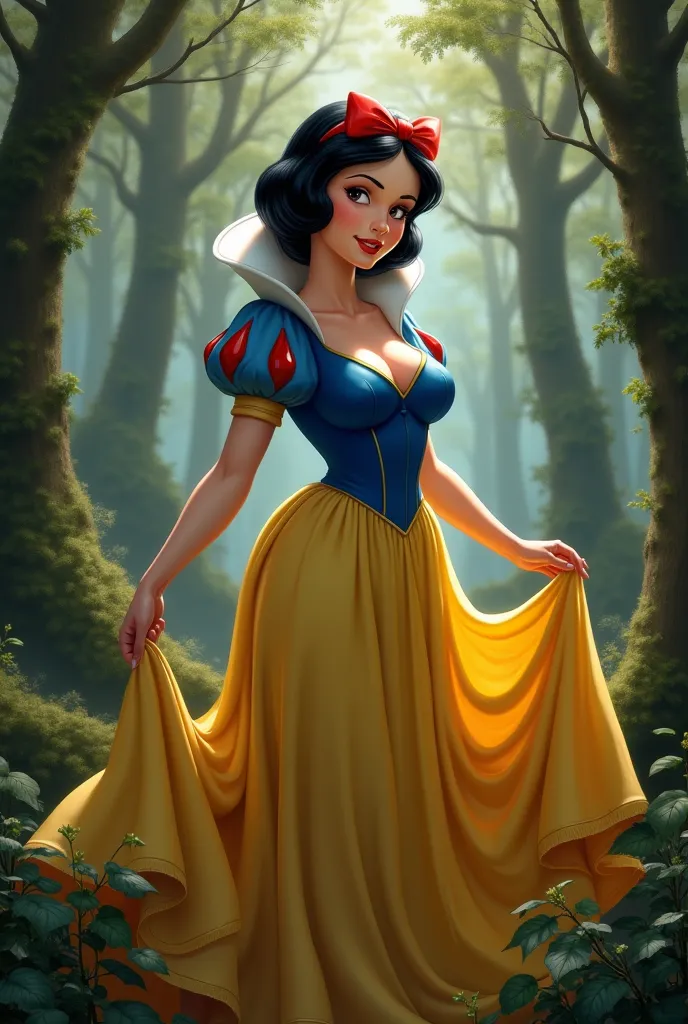 Disney Snow White with big titis and ass with large waist sex walking through the forest in classic dress clothes looking forward 