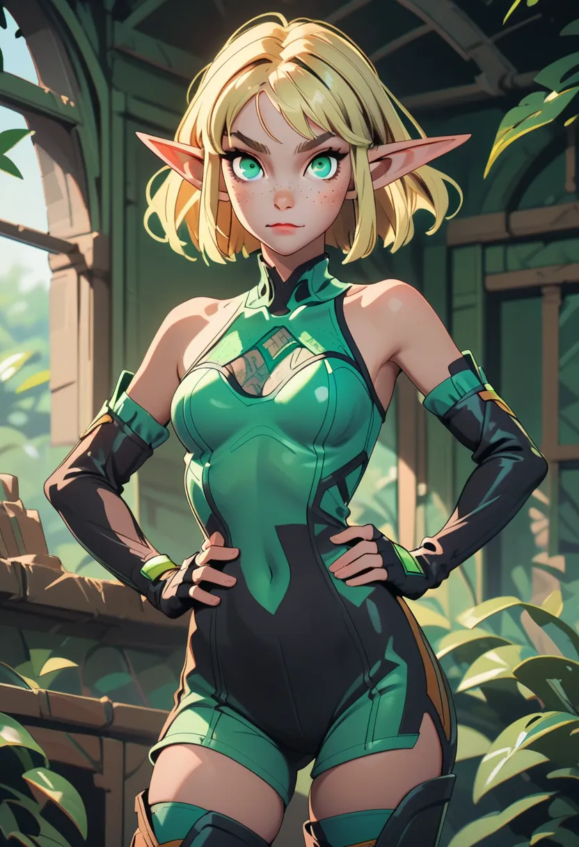 t1t1_v1, 1girl, pointy ears, green eyes, solo, blonde hair, freckles, gloves, fingerless gloves, short hair, looking at viewer, breasts, elf, elbow gloves, hand on own hip, thigh boots, medium breasts, bare shoulders, closed mouth, bodysuit, contrapposto, ...