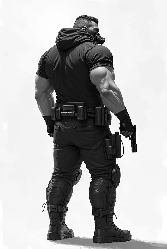 wearing a black hoodie, pants, and black gas mask, Muscular man wearing leg braces and holding a pistol looking back, Black and white background,  then 