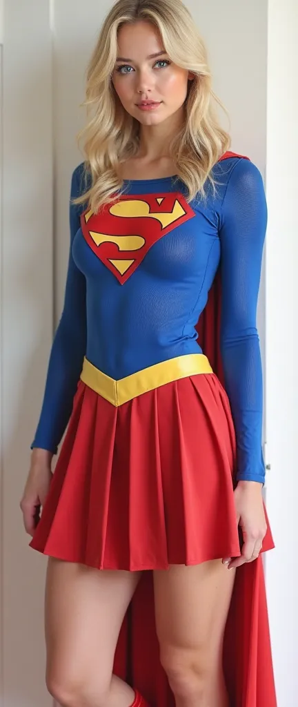 20代のcute日本人女性の全身画像 、  charming blue eyes 　Fluffy medium blond hair  =TOP SUPERGIRL COSTUME,     long-sleeved blue leotard that reaches the shoulders  、   red pleated skirt  、Yellow Supergirl Belt     ,     red high heels supergirl boots   ,  cute   , bigge...