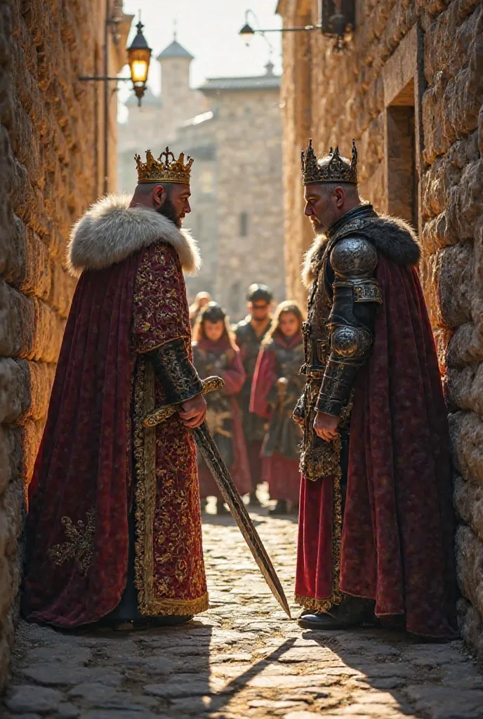 This image depicts a dramatic medieval confrontation between two powerful kings in a narrow stone alley. The first king, adorned in a richly embroidered royal robe with fur trim and an ornate golden crown, grips the hilt of his sword, ready for battle. His...