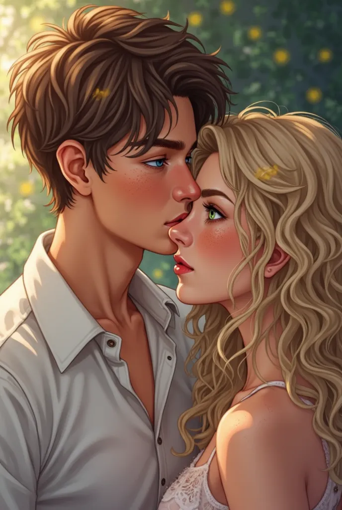 I would like to create an image for the cover of a book of a couple where the boy is taller with brown hair and short hair, blue eye, slightly muscular with a white shirt, kissing his girlfriend on the forehead and she has curly half-blond hair, and green ...