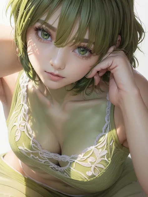 (masterpiece:1.4), (8k, photorealistic, RAW photo, best quality: 1.4), ultra high res, ultra realistic, highly detailed, golden ratio, (one woman:1.6), 22 years old, realistic face, (green short hair:2), very short hair ,pixie hair ,(emerald green eyes), b...