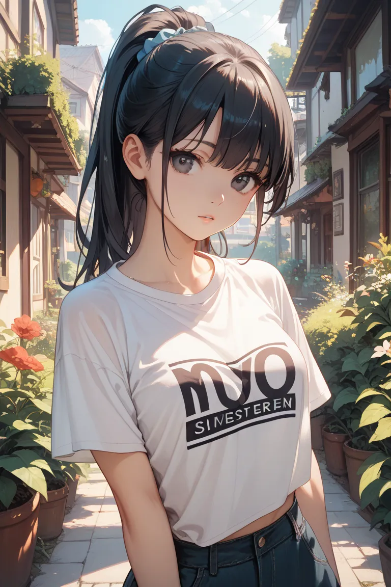 Black hair, long, straight, ponytail, small amount of hair, oversweatshirt, moe sleeve, dark eyes