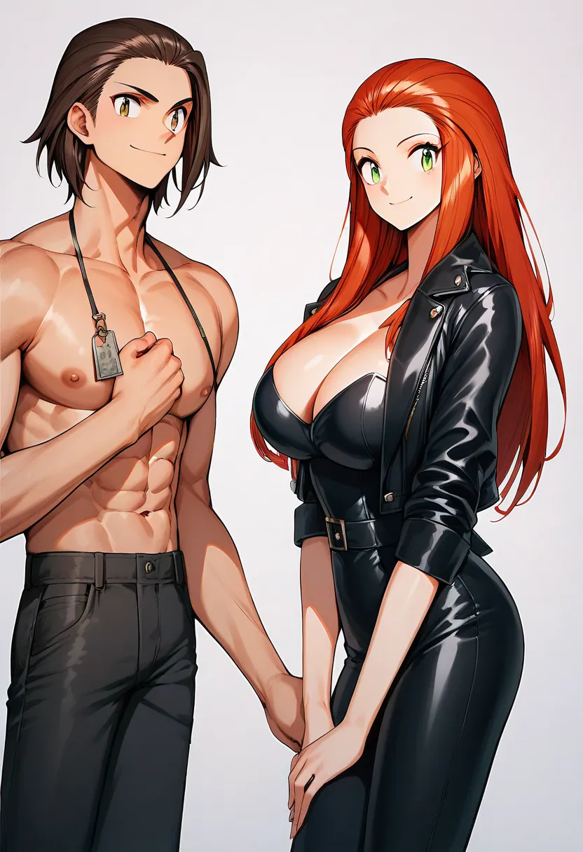  1 woman , red hair, long hair, green eyes, smiling,  sexy body, big breasts, dressed in a black buso and black pants , a 30-year-old young man, very short hair, brown hair , hair styled backwards, (brown eyes), muscular body , athletic body, dressed in ca...