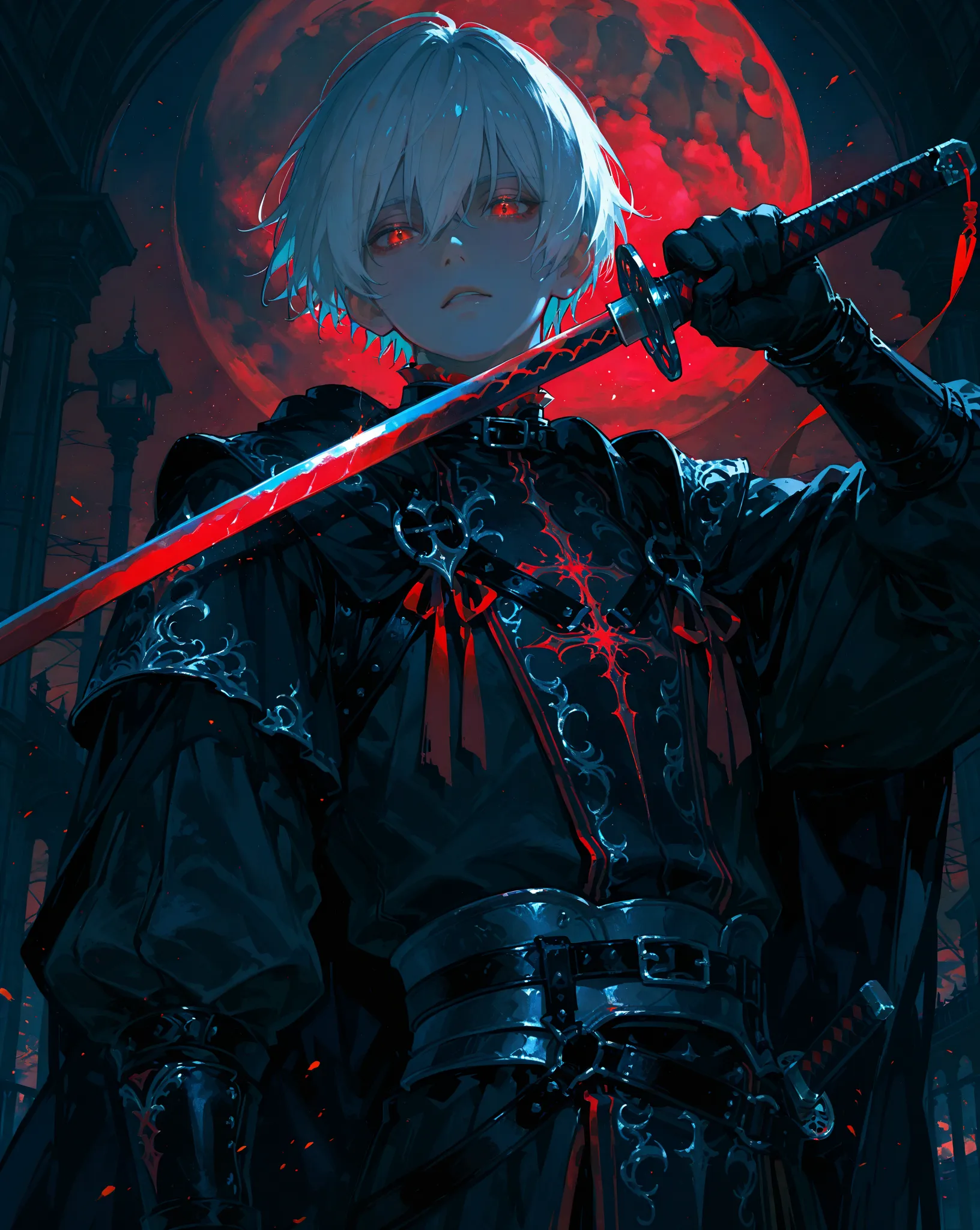 (watercolor:1.0),(pastelcolor:1.6),

1boy, silver hair, sharp intense gaze, wearing black and red intricate outfit, gothic warrior aesthetic, long black gloves with metallic details, holding a katana, red glowing accents, dramatic lighting, blood moon in t...