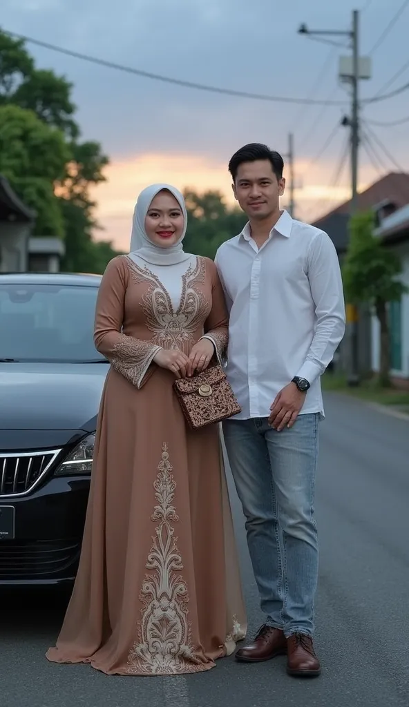 hD quality, two plump Indonesian women, red lips, big breasts size xl, wearing elegant brown and white dresses with gold embroidery details and hijab, standing next to a black car with a spoiler on a village road at sunset. She smiles softly, carrying a sm...