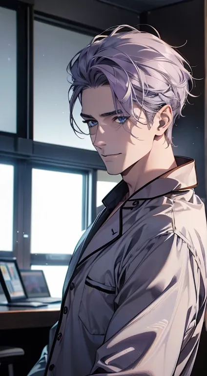 (pajamas,4K,8k,highres,masterpiece:1.2),ultra-detailed,(Realistic,photoRealistic,photo-Realistic:1.37),1 man,31 years old,mature man,very pretty, Expressionless, smile,short purple gray hair,blue eyes, penetrating look,perfect face without errors,imposing ...