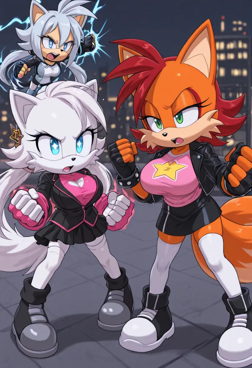  tails (sonic), furry, orange fur, orange body, green eyes, fox ears, fox tails, genderswaps, long hair, bracelets, hair ornament, jewelry, black skirt, pink shirt, black sneakers, white thighhighs, fingerless gloves, female, big breasts, eyeliner, black j...