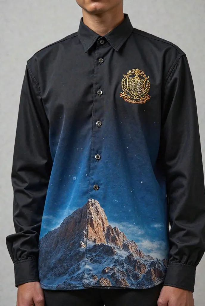 Create The third-year school uniform features a black and blue shirt , symbolizing knowledge, with the school logo embroidered on the chest. On the bottom of the shirt a print of Zeus and Olympus