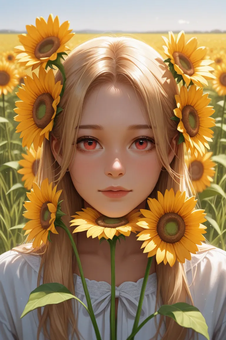 A realistic portrait, in the middle of a huge lawn, two sunflowers next to each other, in the middle of a huge grass field with various flowers in the background, A sunny afternoon  