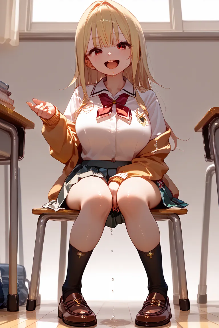 high school student,gal,long hair, Gold,Big Breasts,chafing breasts,show your teeth and laugh, smiles, red eyes,droopy eyes, is laughing, school uniform,belly button sticking,oversized,Skirt, thighs,Knee Socks,sweat,is wet,Skirtの下のパンツが見える,sit with legs ope...