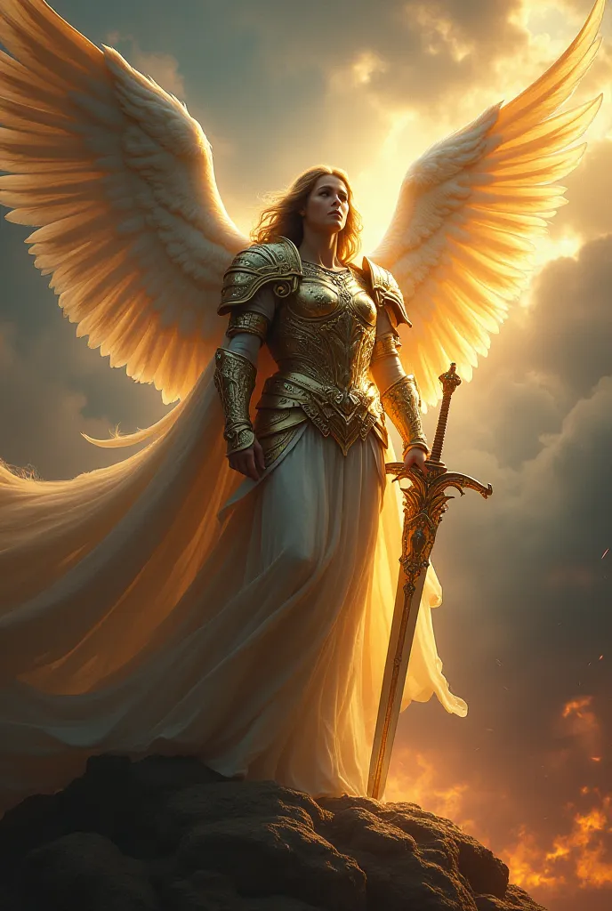 Angel according to the Bible, facing demonshigh quality,4K,8k,masterpiece,ultra-detailed,Realistic,fotorRealistic,physics-based rendering,Extreme Details,professional,vivid colors,bokehanjo celestial,majestic and serene face,determined expression,imposing ...