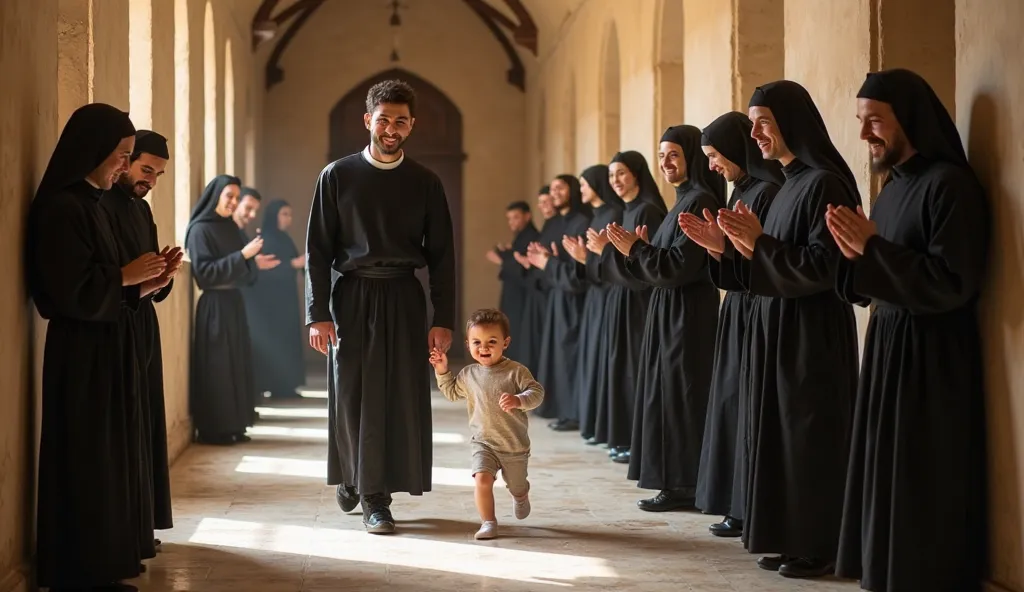 Inside a serene convent, several friars are watching with smiles and admiration for a baby who runs happily down the convent corridor, accompanied by his father. The baby , full of energy and happiness, takes small steps while the father follows him with a...