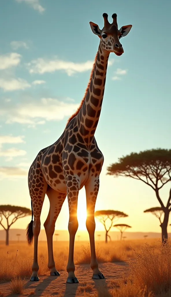 A hyper-realistic adult giraffe standing majestically in the golden savanna, bathed in warm sunlight. Its long, muscular neck stretches high, showcasing intricate skin textures with fine wrinkles, subtle fur patterns, and the rich, organic markings of its ...