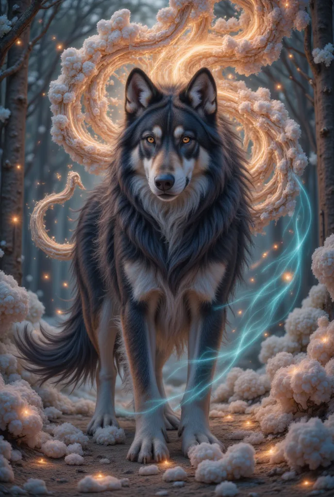 The most beautiful and enchanted huge Alpha wolf spirit, Long black fur, glowing brown eyes, in the most beautiful enchanted forest, expression like wanting to pounce angrily, highly detailed, perfect masterpiece, high quality, high resolution, one wolf, a...