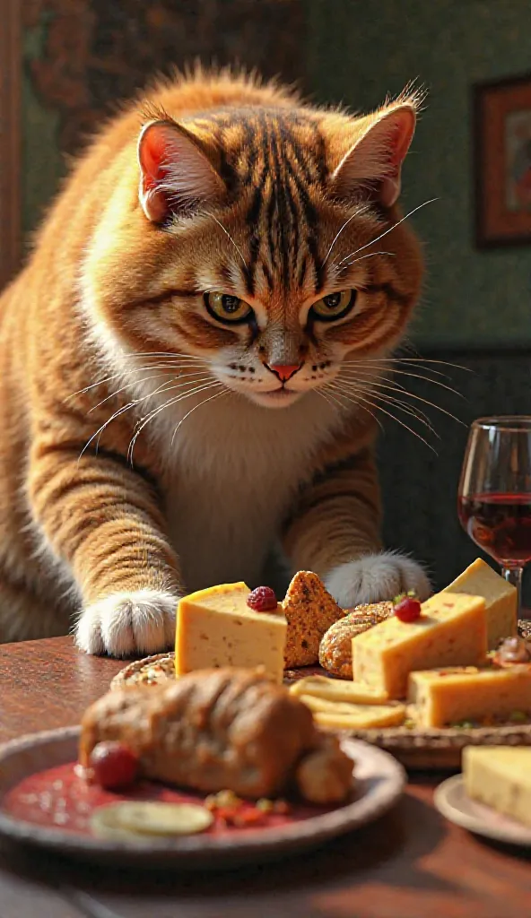 Giant cat sniffing a table filled with cheeses and delicacies, Disney pixar style