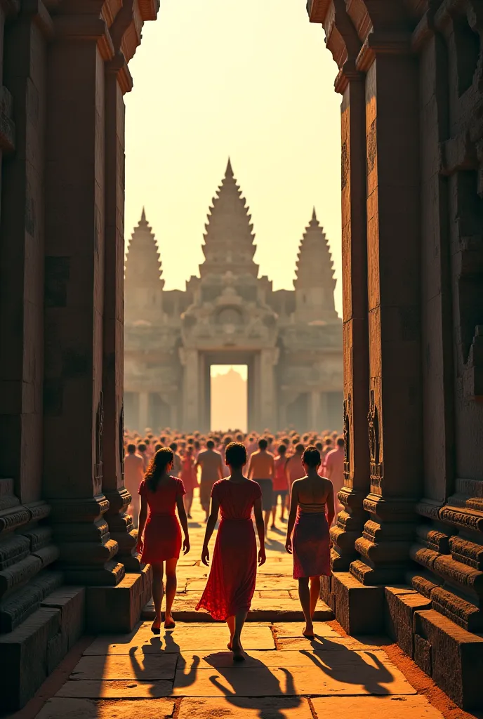 Make a scene where people are walking out of Angkor Wat, accompanied by the song “Bopha Sannivas.”