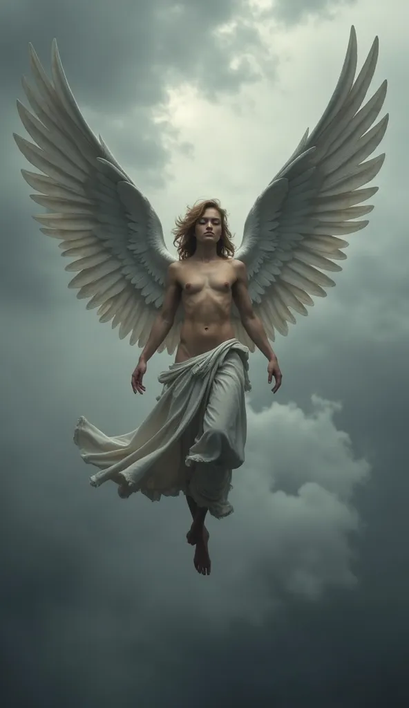 A completely naked beautiful angel flying with grey wings in front of dark clouds