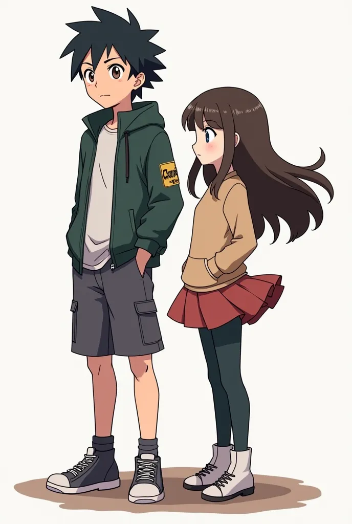 Can you give me another one that is standing full body, couple, a 20-year-old boy and girl, girl with long loose hair without bangs? With Pokemon style from the anime, dynamic pose and perspective, both looking forward 