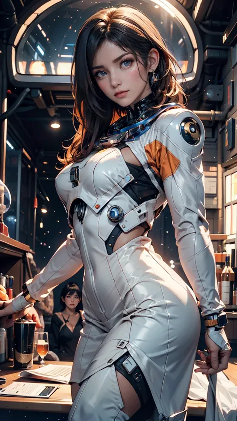  Arafed image of a woman in a futuristic suit with a spaceship in the background, Cinema art, in front of an orange background, spaceship {x} inspired by Robert McGinnis,  Female Protagonist,   giant structure in front of a  , portrait of an ai astronaut, ...