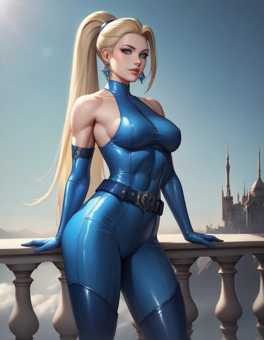 female blue sleeveless latex bodysuit, blue belt, blue long tight pants, blue high heel boots, racerback, bare shoulders, long elbow gloves, blue gloves, toned arms, beautiful faces, blonde ponytail with showing forehead, long ponytail, earrings, soft smoo...