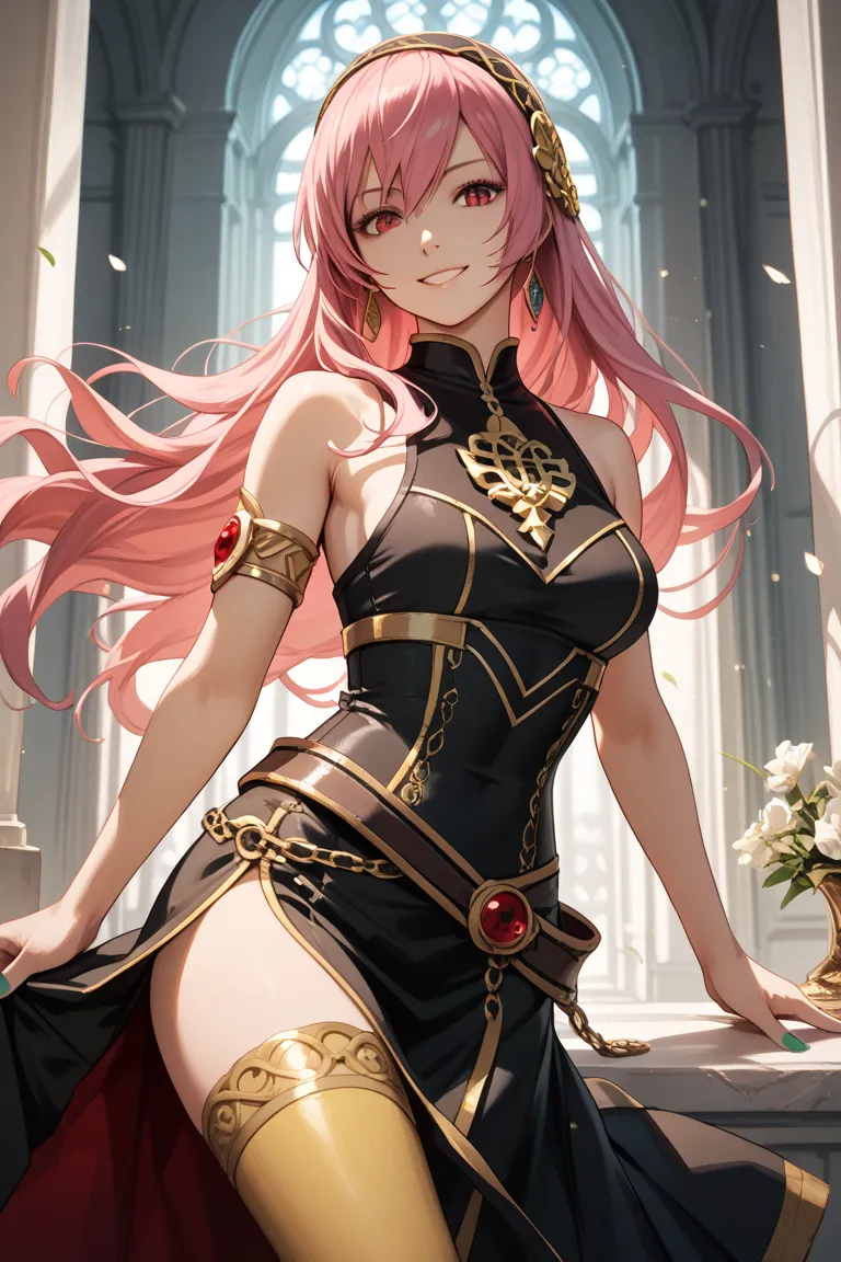 (best quality),(masterpiece),8k,high resolution, detailed hair, detailed clothes , Alone , girl , Megurine Luka , pink hair , long hair, smile , create a perfect body line , draw an anatomically accurate picture , Hot body , exact finger , red 03 tattoo on...