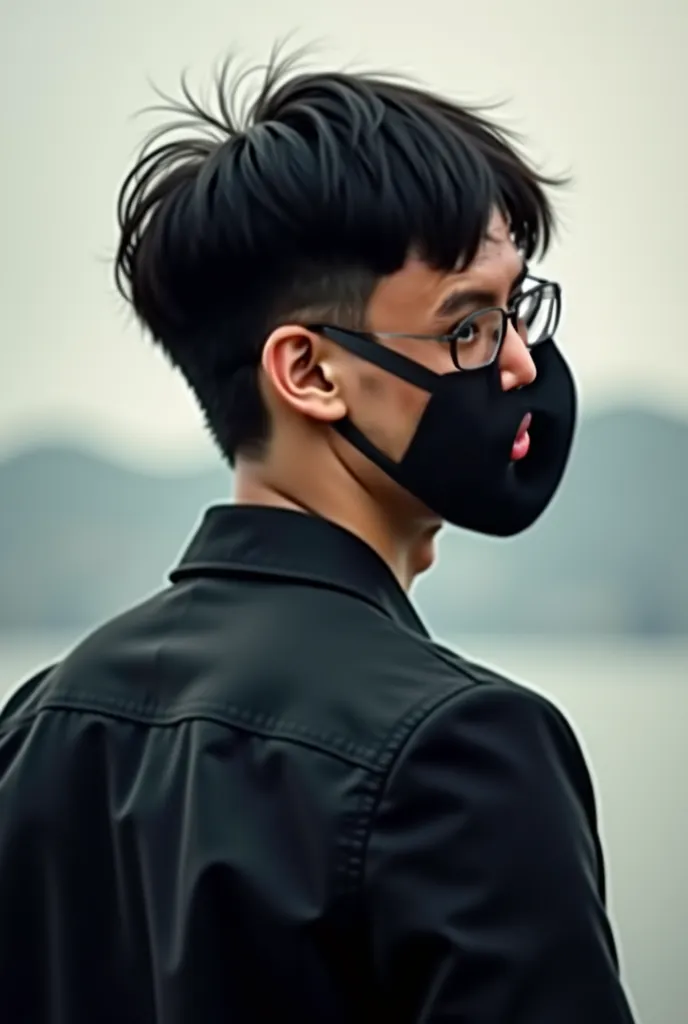 Handsome young man , Chinese celebrity , 2 , black hair , glasses , black mask , asian , back view