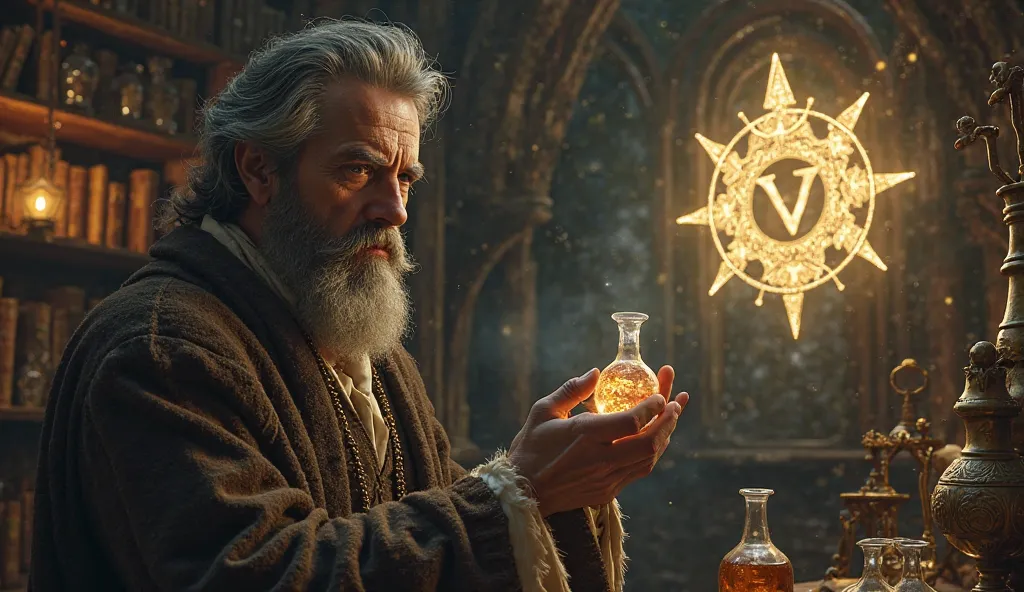 17th-century alchemist holding a glass vial, deep in thought, while Masonic and Rosicrucian symbols glow faintly in the background.