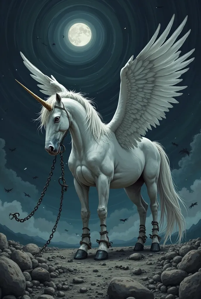 Create a realistic illustration of Pegasus with their wings cut off and their legs tied to chains on a floor full of rocks, The sky must be nighttime and have creepy circles, The tones have to be cold and black and dark 