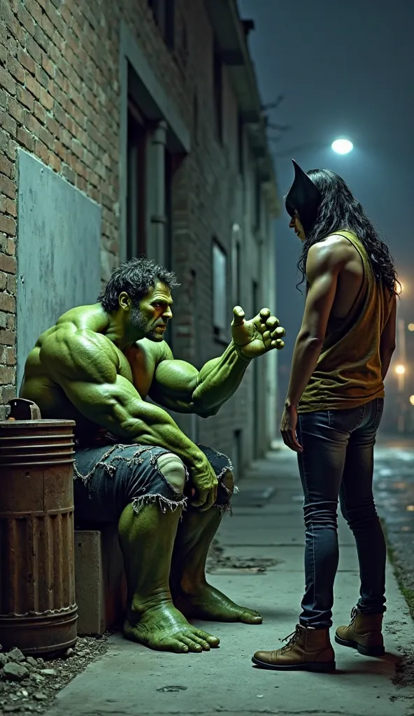 real photo, Wolverine leans in slightly, extending a hand toward Hulk which is On a dimly lit street corner, Hulk, a massive green figure with unkempt hair and tattered clothing, sits beside a rusted trash can with an offer. His voice is confident as he ge...