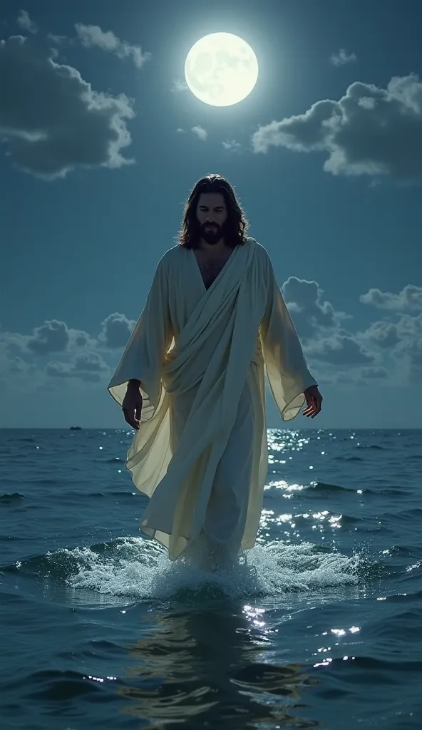 "Jesus Christ walking on the water of a calm sea at night, illuminated by the moonlight. He wears a flowing white robe, and his arms are gently extended. The waves ripple beneath his feet, and his expression is peaceful and full of divine power."

