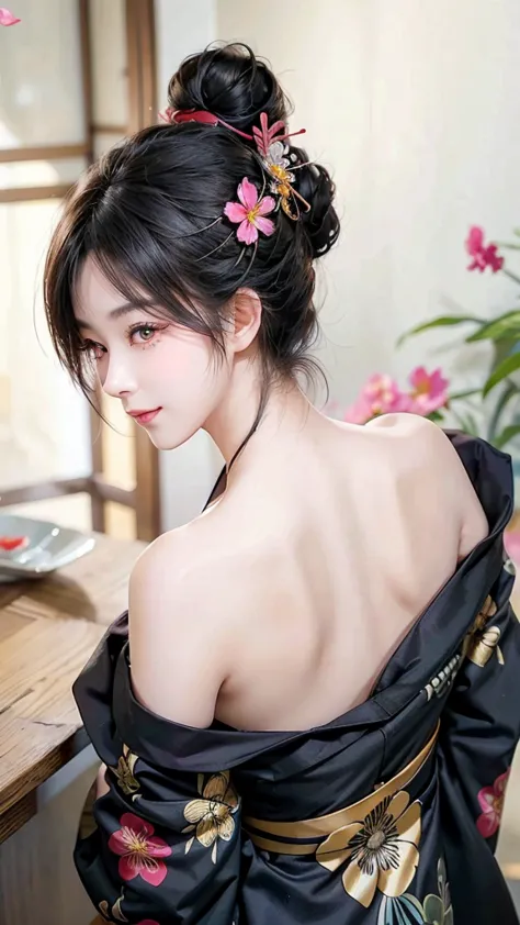 Japanese Girl, floral kimono, Exposed Shoulders, from behind, beautiful face, Thick eyelashes, shining eyes,   black hair, cute smile, dark eyeshadow coming out of the shoulder, shoulder tattoo, back tattoo,  Hair Flower Decoration, Falling petals,  beauti...