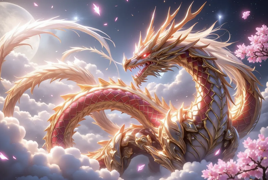 Prompt:
"A majestic Eastern dragon with a long, serpentine body, covered in shimmering golden-red scales that glow like molten fire. Its antler-like horns radiate celestial energy, and its eyes gleam with ancient wisdom. Swirling clouds surround its body a...