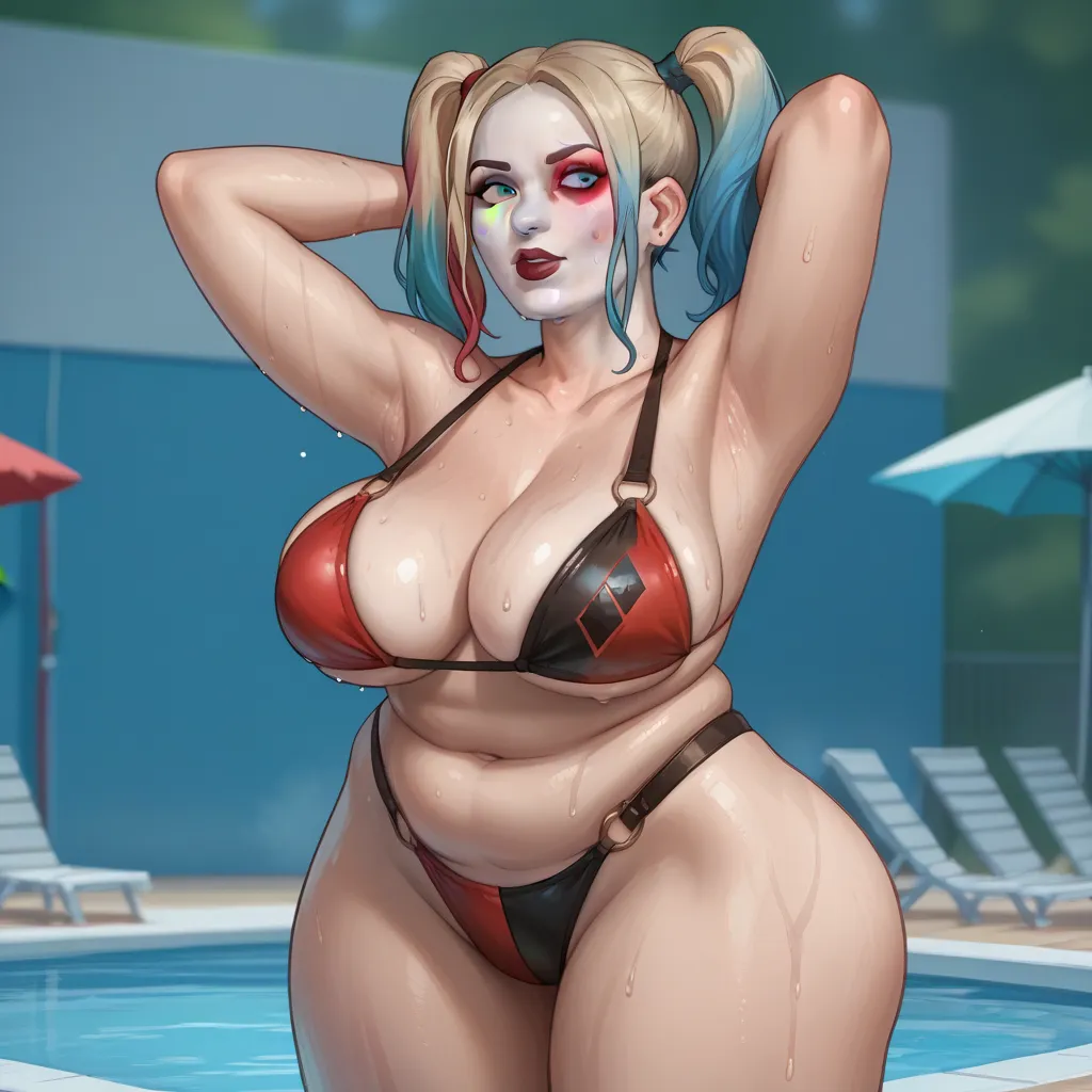  harley quinn , with a chubby body , big breasts,  big ass, wide hips, sweat, wet, Wearing a bikini with straps , armpits