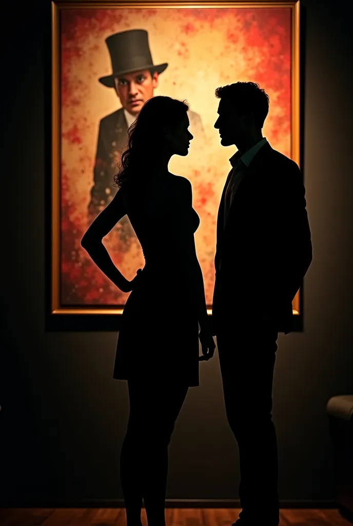 Silhouette of a woman in front of a detective painting. Next to her is a man standing watching her . She has her back looking forward. Realistic photo. 