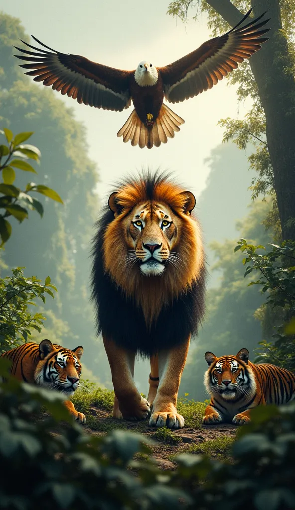 A hyper-realistic image featuring a powerful lion in the center, an eagle soaring in the sky above, and a  tiger lurking in the jungle below, each animal positioned separately within a wild environment