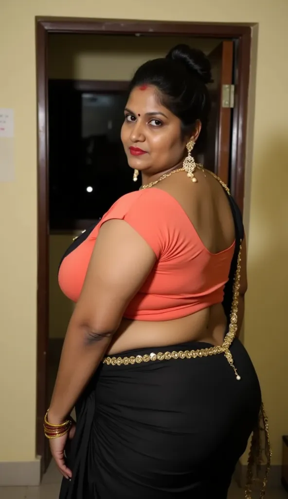 showing her huge back, view fashion model photography image mature indian milf, she is turning back, A woman of South indian, middle-aged, is centrally positioned in the image. She is of a plus-size build. The woman is wearing a black-colored, patterned, t...