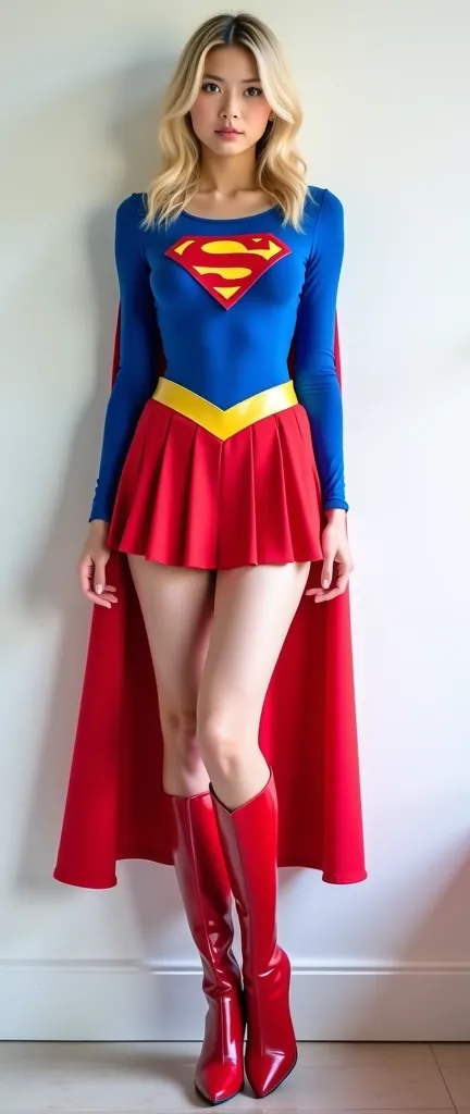 Full body image of a Japanese woman in her 20s 、  charming blue eyes 　Fluffy medium blond hair  =TOP SUPERGIRL COSTUME,     long-sleeved blue leotard that reaches the shoulders  、   red pleated skirt  、Yellow Supergirl Belt     ,     red high heels supergi...