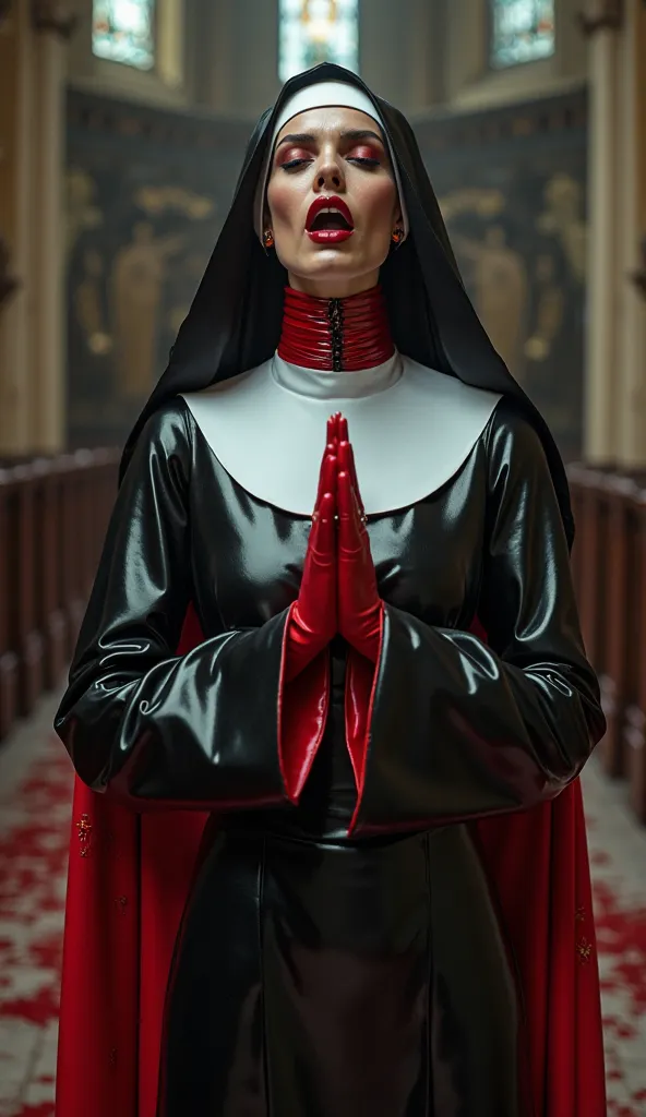 angelina jolie,praying, latex nun uniform, long latex nun dresse latex black and red, REVERENCE LATEX RUBBER HEADPIEce red latex red latex, red latex heavy corset neck, red corset latex, platform over the knee stilettos vinyl red blood, black shinny lips, ...