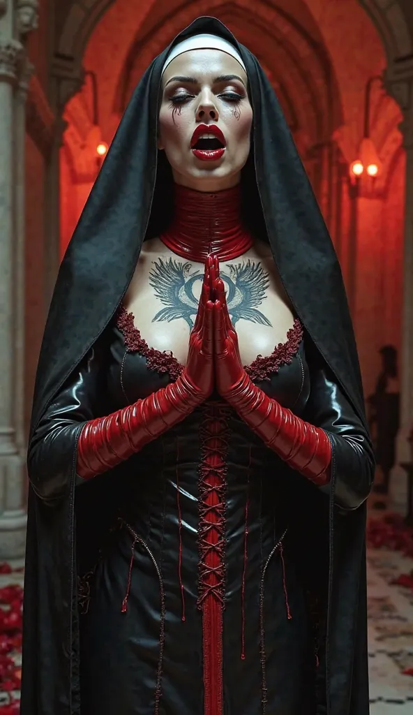 angelina jolie,praying, latex nun uniform, long latex nun dresse latex black and red, REVERENCE LATEX RUBBER HEADPIEce red latex red latex, red latex heavy corset neck, red corset latex, platform over the knee stilettos vinyl red blood, black shinny lips, ...