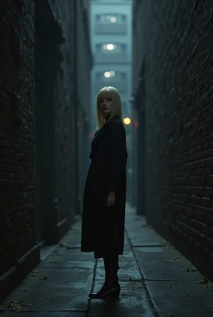 Generate an image of a straight-haired Caucasian woman dressed in black in a long corridor between buildings at night 
