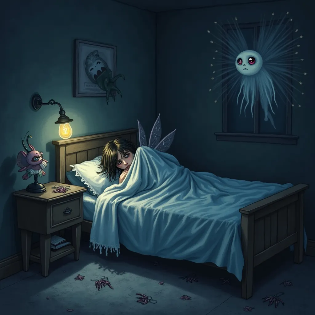 A dark and nostalgic fantasy scene featuring a fairy huddled in bed, clutching the blanket up to her nose, her eyes wide with fear. The room is softly lit by a small lamp, casting eerie shadows on the walls. Outside the bed, a ghostly hand or small dark cl...