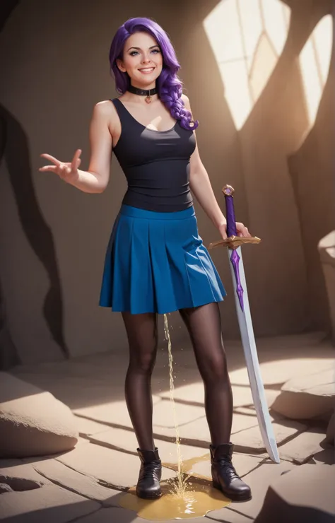 Abigail from Stardew Valley. Inside a cave. Spelunking. Exploring. Sword in hand. 18 years old.  Mysterious Smile. Pale skin. Black collar. Long purple hair. Slender figure. Black tank top. Blue vest. Purple mini skirt. Black leggings. Peeing herself. Peei...