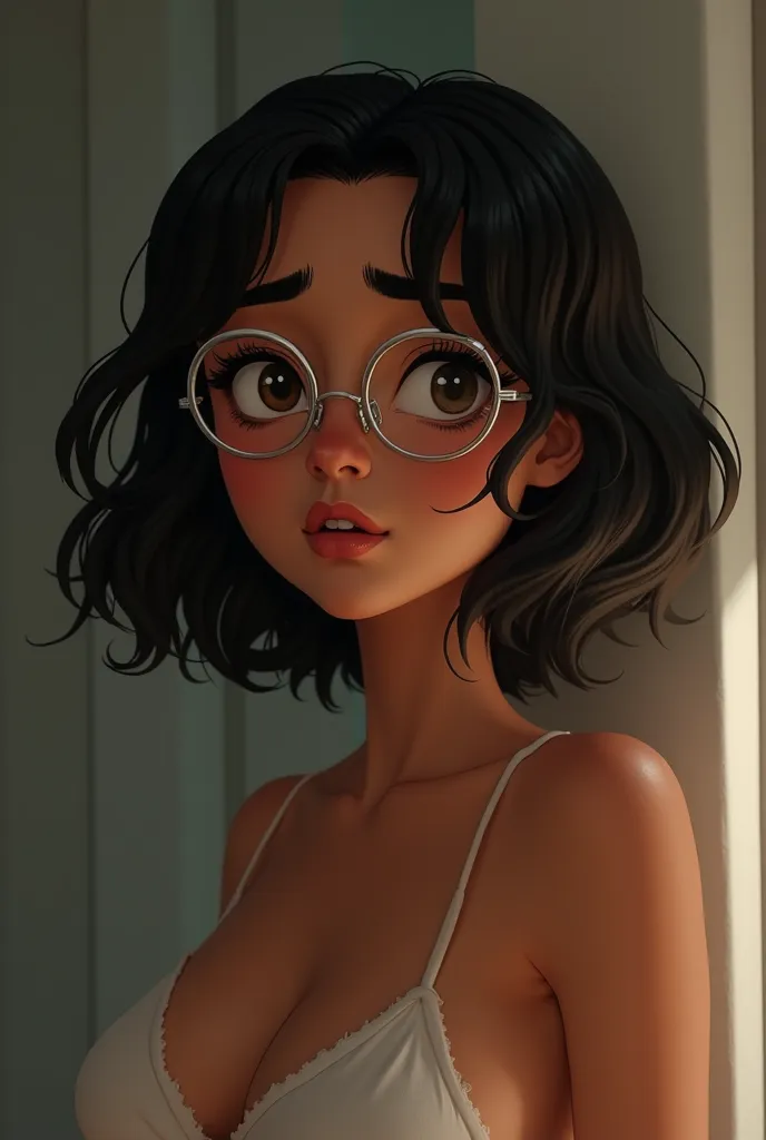 Half-thin round-faced girl without being Asian being Brazilian with silver glasses, brown skin, short wavy black hair, showing your pussy, your expression of seriousness and pleasure