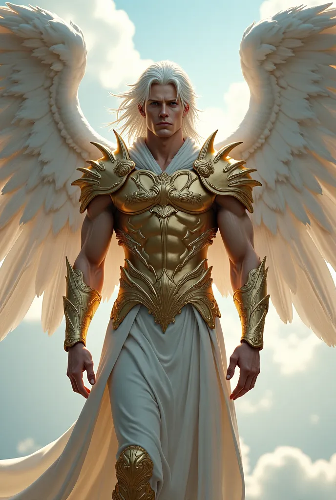 A full body shot of an angelic figure with large white wings, flowing white hair, and ornate gold armor.
The figure is muscular and has a serious expression.
The background is a soft, cloudy sky.
The style is reminiscent of digital fantasy art.
The lightin...